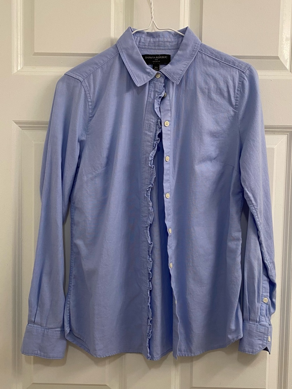 Banana Republic Light Blue Ruffle-Front Button-Up Shirt